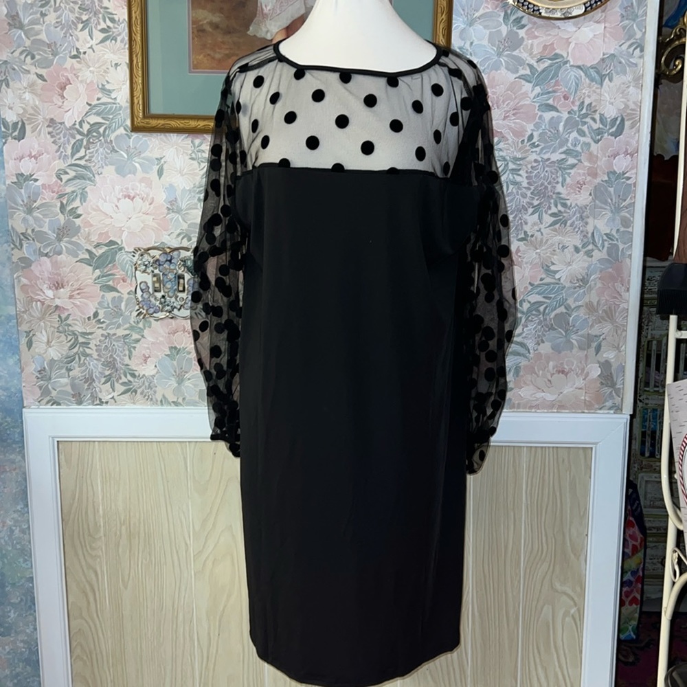 4XL Women's Black Dress with Sheer Polkadot Long Sleeves